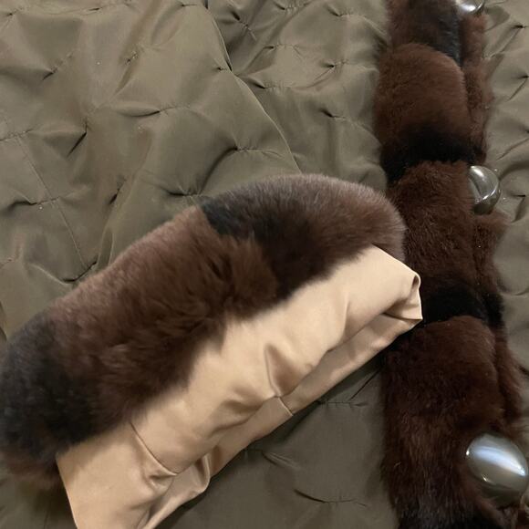 Reversible Rex Genuine Rabbit Fur Trim Coat XL | Chocolate Quilted & Taupe Nylon - Picture 6 of 13